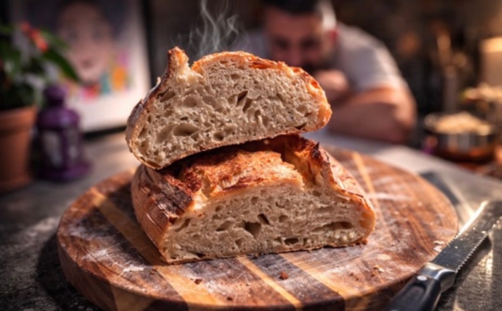 Sliced artisan sourdough loaf showing its open crumb on a wooden board